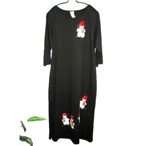 VTG Black Maxi Snowman Dress Women L‎ 3/4 Slv USA Embellish Whimsy Holiday
